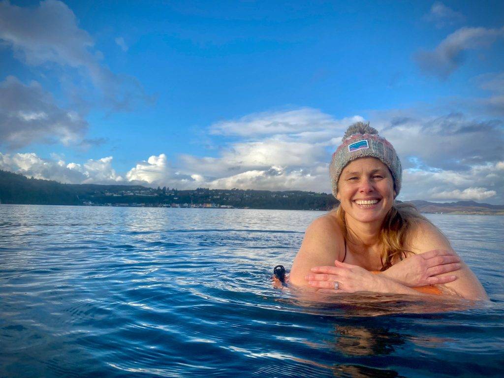 Cold water dipping in woolley hat - Isle of Mull